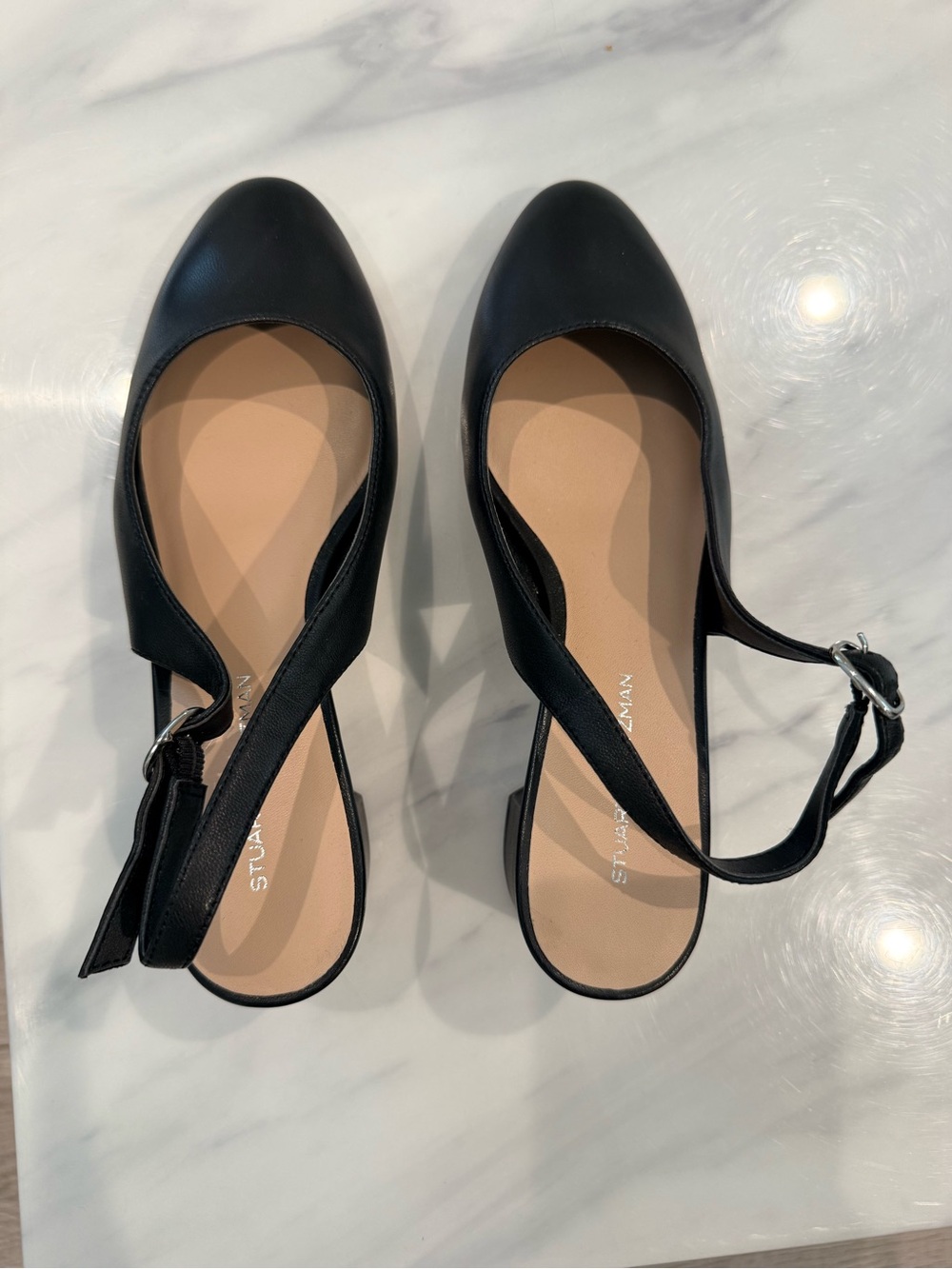 Stuart Weitzman Black Leather Slingback Flats with Ankle Strap